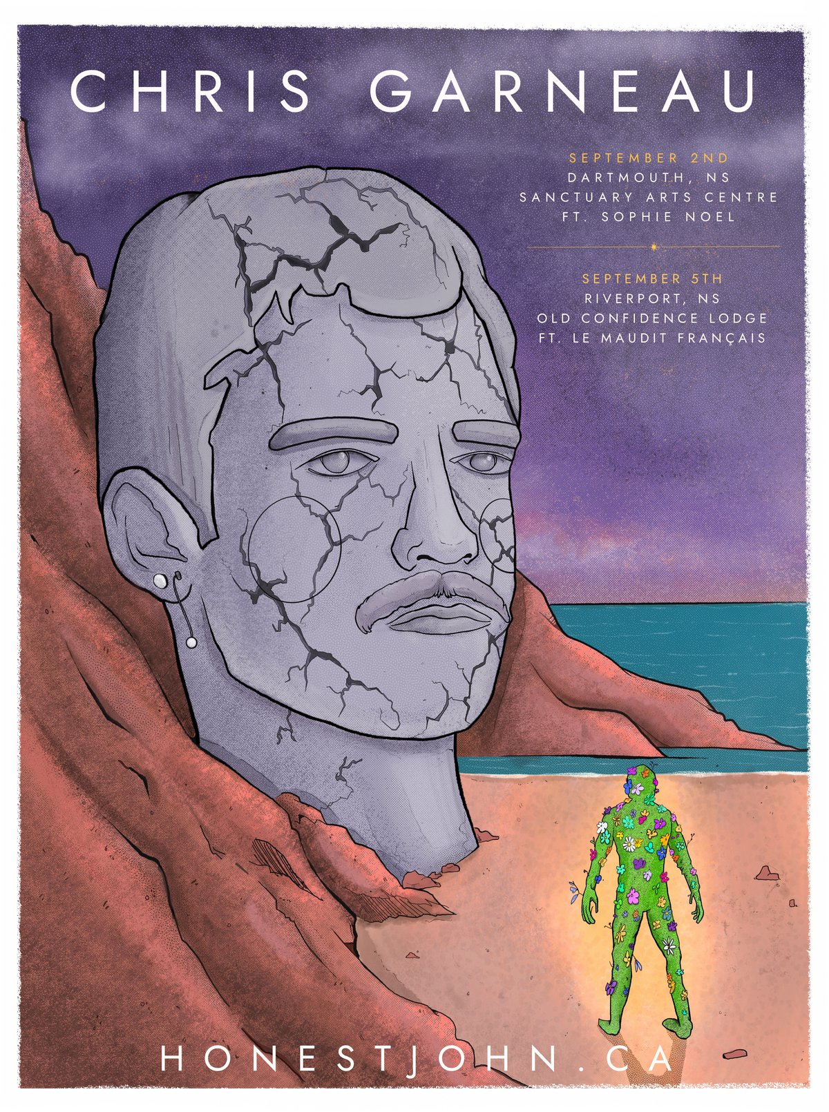 Chris Garneau tour poster — a cracked stone bust on a beach with a figure made of flowers, listing shows in Dartmouth and Riverport, Nova Scotia