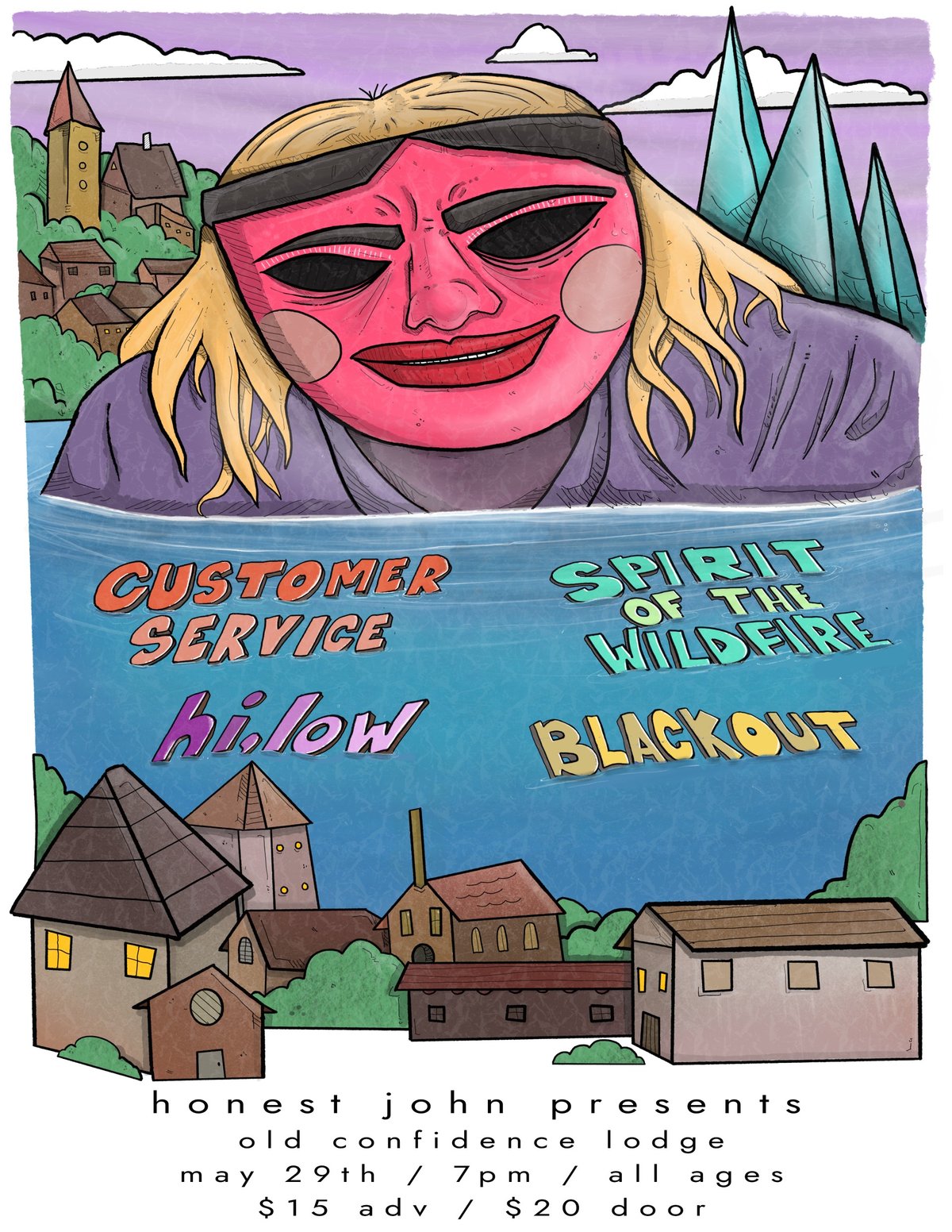 Honest John Presents poster — a giant rosy-cheeked figure rising from a lake beside a village, with Customer Service, Spirit of the Wildfire, hi,low, and Blackout on the bill at Old Confidence Lodge